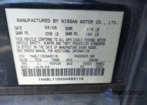 2005 Nissan Altima 3.5 Se из США, поврежденный, VIN 1N4BL11D55N493116